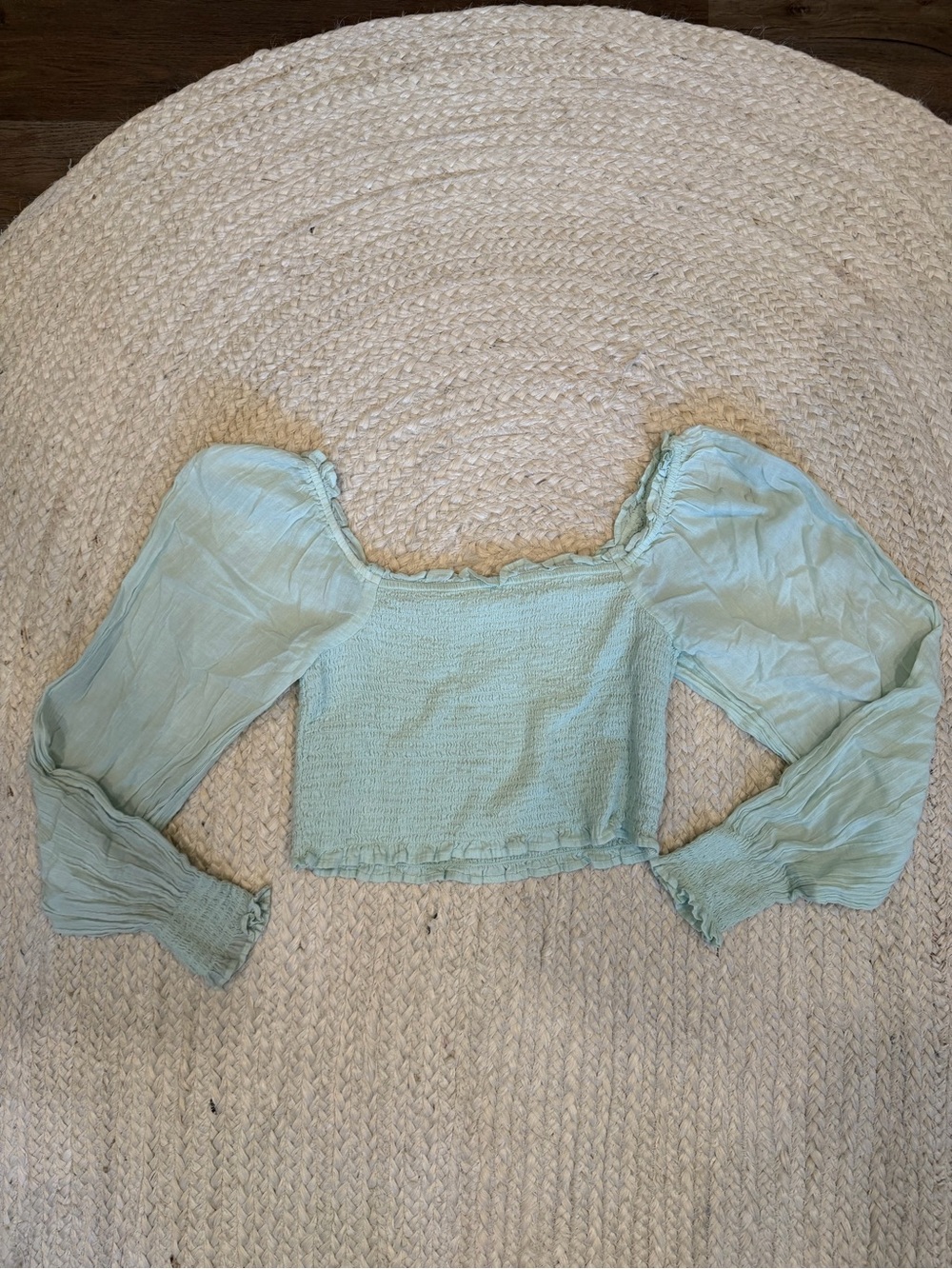aerie Pastel Mint Puff Sleeve Smocked Crop Top